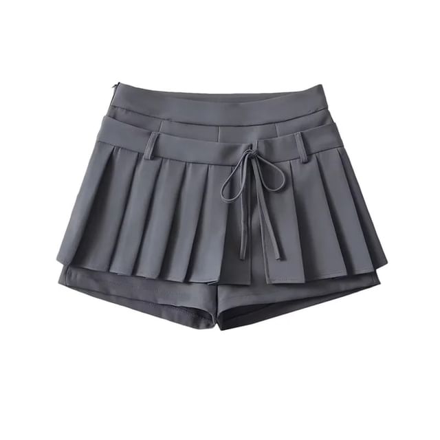 Low-Rise Solid Tie-Waist Mini Pleated Skirt