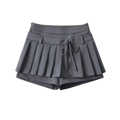 Low-Rise Solid Tie-Waist Mini Pleated Skirt