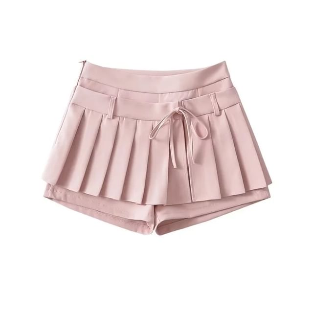 Low-Rise Solid Tie-Waist Mini Pleated Skirt