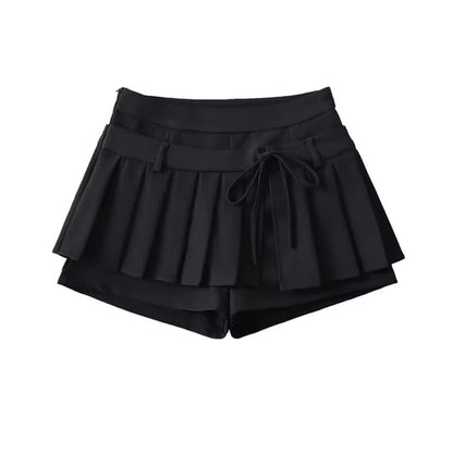 Low-Rise Solid Tie-Waist Mini Pleated Skirt