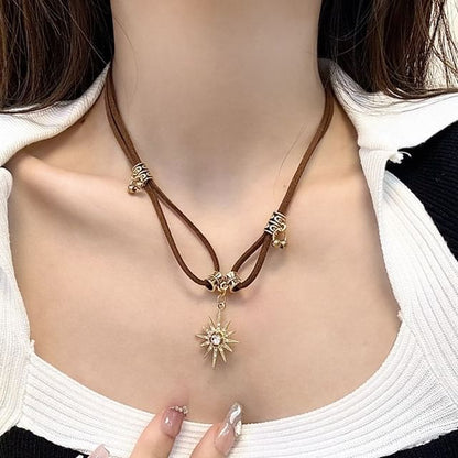 Faux Leather Necklace Pendant Sun Rhinestone