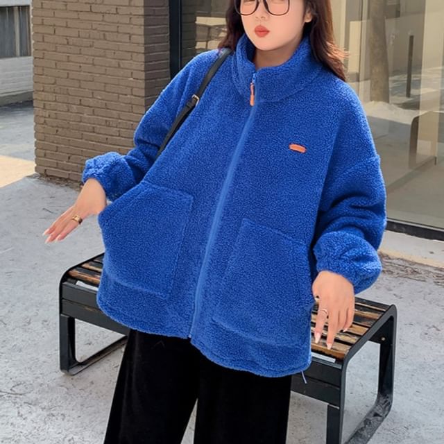 Stand Collar Applique Fleece Zip Jacket