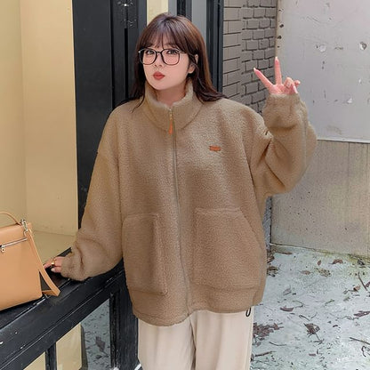 Stand Collar Applique Fleece Zip Jacket