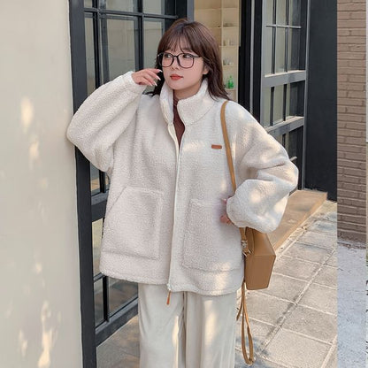 Stand Collar Applique Fleece Zip Jacket