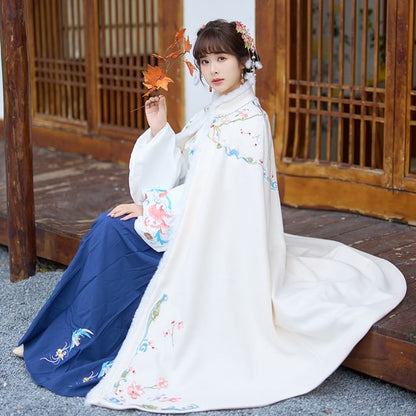 Stand Collar Floral Embroidered Fluffy Trim Tie Front Hanfu Cape