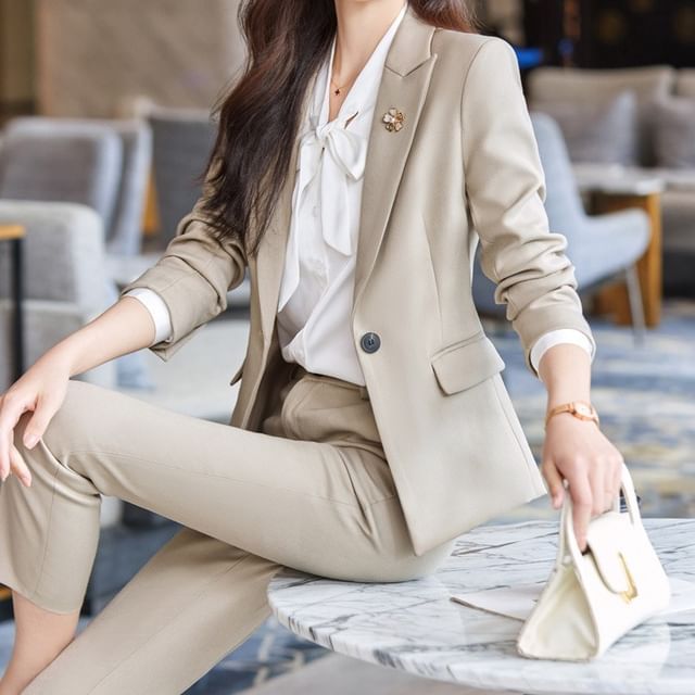Peak Lapel Solid Single-Breasted Blazer, High-Rise Mini Pencil Skirt, Cropped Straight-Leg Trousers, Long-Sleeve Tie-Neck Blouse Ensemble