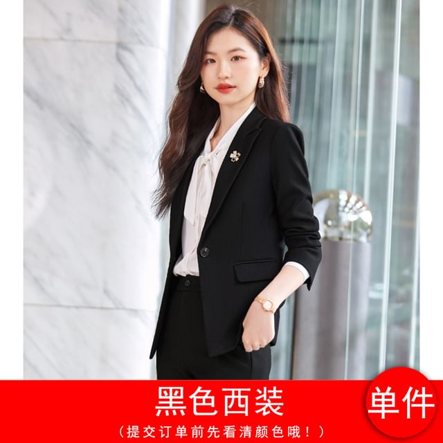 Peak Lapel Solid Single-Breasted Blazer, High-Rise Mini Pencil Skirt, Cropped Straight-Leg Trousers, Long-Sleeve Tie-Neck Blouse Ensemble