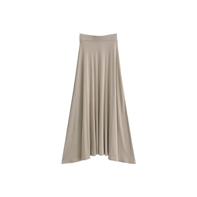 Crew Neck Long-Sleeve Tee Paired with High-Rise Solid Maxi A-Line Skirt