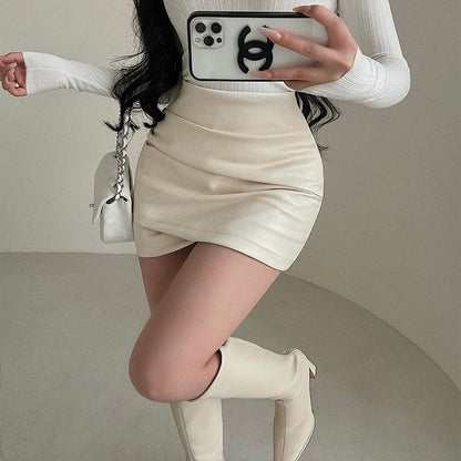 High-Rise Solid Faux Leather Ruched Mini Pencil Skirt