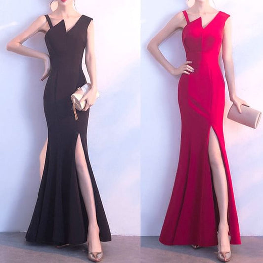 Evening Gown Slit Sheath Plain V-Neck Sleeveless