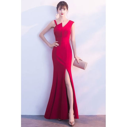 Evening Gown Slit Sheath Plain V-Neck Sleeveless