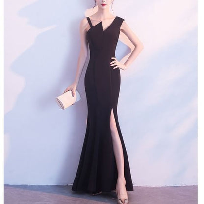 Evening Gown Slit Sheath Plain V-Neck Sleeveless