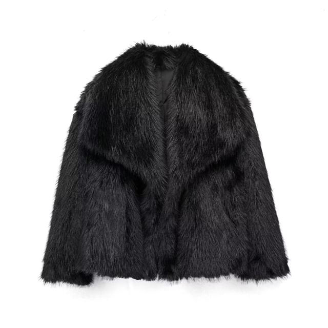 Collared Plain Fluffy Open Front Jacket
