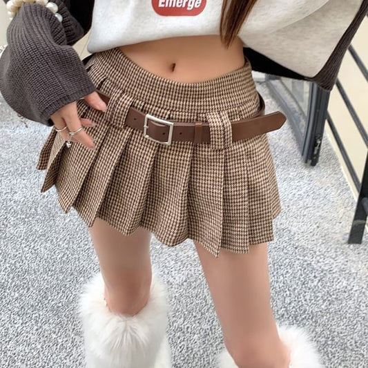Mid-Rise Houndstooth Pleated Mini A-Line Skirt