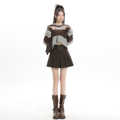 High-Rise Solid Pleated Mini A-Line Skirt
