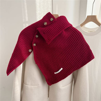 Turtleneck Plain Buttoned Knit Shawl