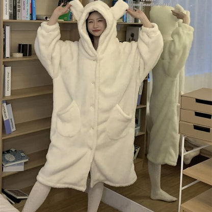 Plain Hood Fleece Button Robe