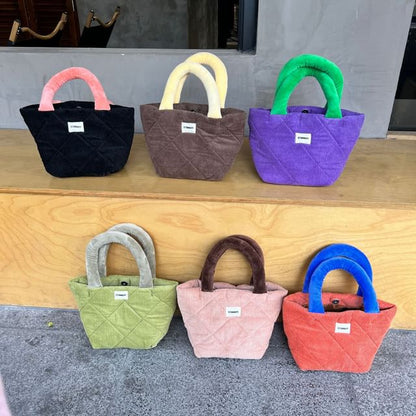 Two Tone Quilted Corduroy Small Tote Bag