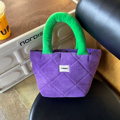 Two Tone Quilted Corduroy Small Tote Bag