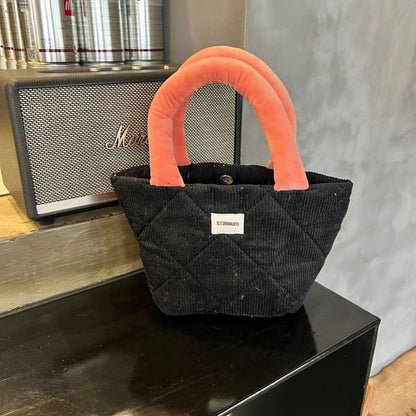 Two Tone Quilted Corduroy Small Tote Bag
