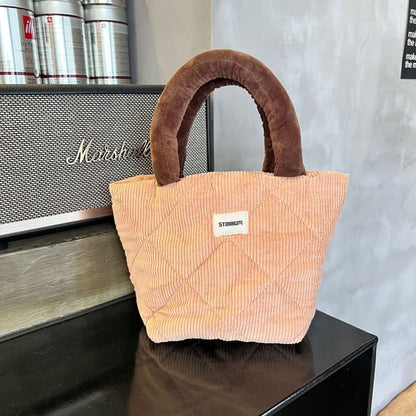 Two Tone Quilted Corduroy Small Tote Bag
