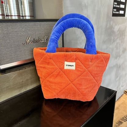 Two Tone Quilted Corduroy Small Tote Bag