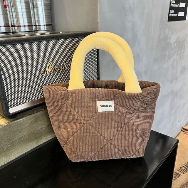 Two Tone Quilted Corduroy Small Tote Bag