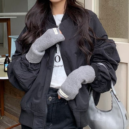 Plain Ribbed Knit Fingerless Gloves