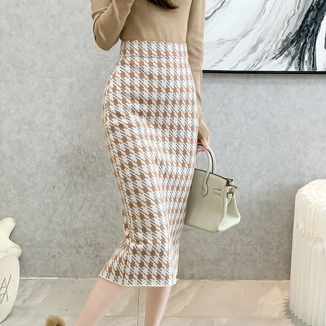 High Waist Houndstooth Midi Pencil Skirt