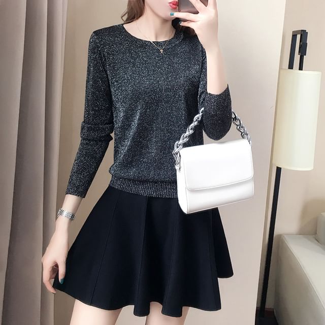 Crew Neck Glitter Sweater / High Waist Plain Mini A