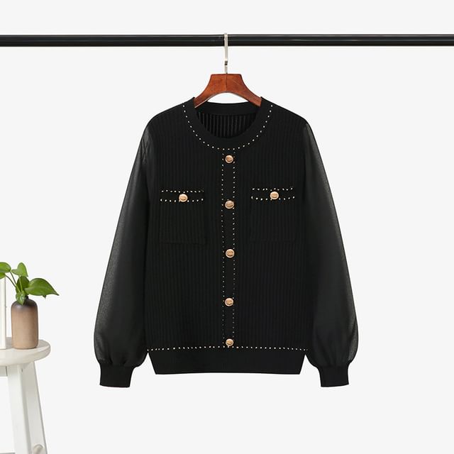 Crew Neck Plain Chiffon Panel Sweater