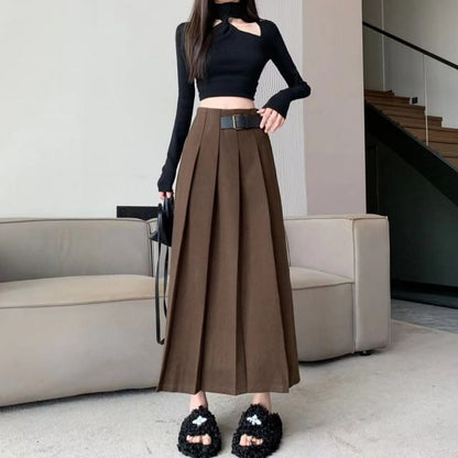 High-Rise Solid Pleated Buckled Midi A-Line Skirt