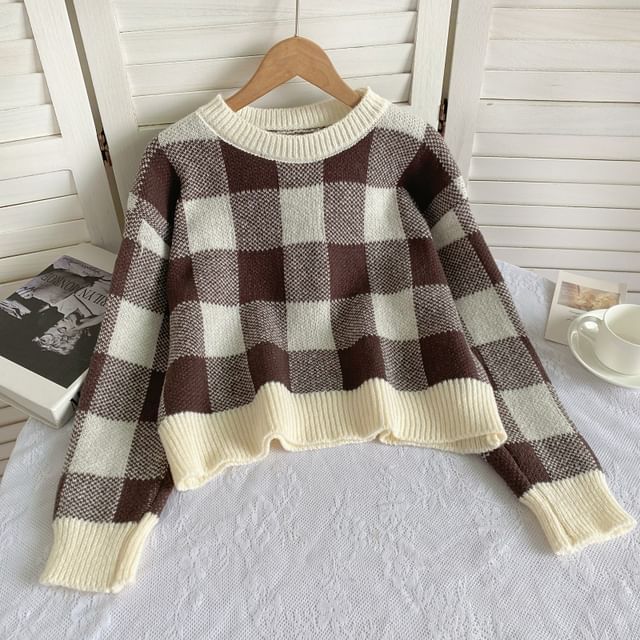 Long-Sleeve Crew Neck Gingham Sweater