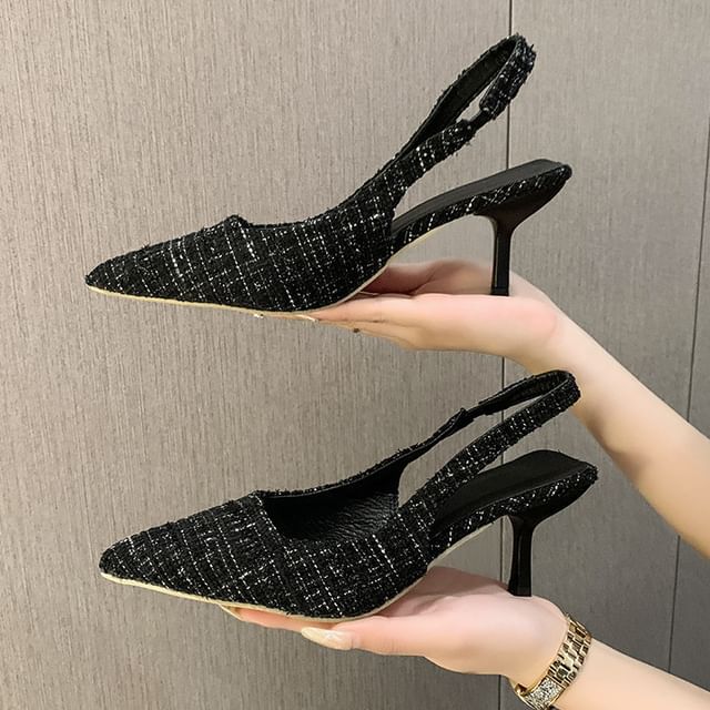 Pointed Plaid Slingback Kitten Heel Sandals