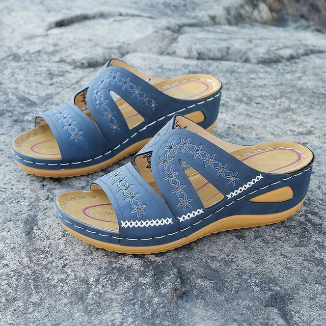 Flower Embroidered Platform Wedge Slide Sandals