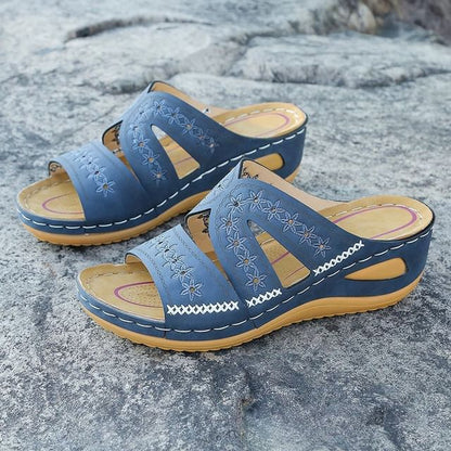 Flower Embroidered Platform Wedge Slide Sandals