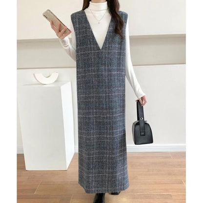 V-Neck Plaid Slit Long Dress