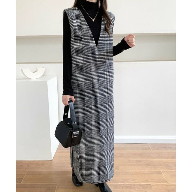 V-Neck Plaid Slit Long Dress