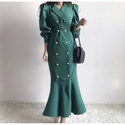 Puff Sleeve Double-Breasted Belted Mermaid Gown