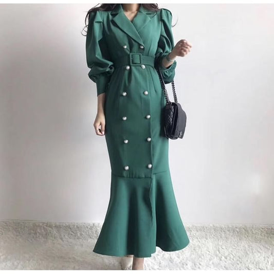 Puff Sleeve Double-Breasted Belted Mermaid Gown