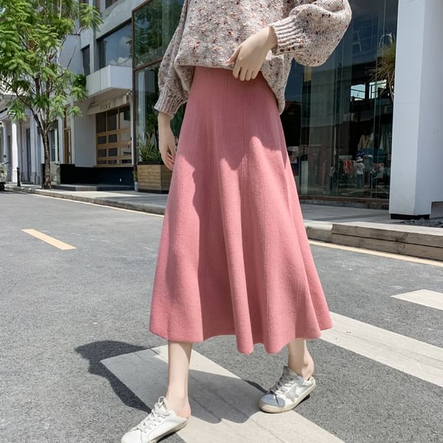 High-Rise Solid Midi A-Line Knit Skirt with Crew Neck Sweater