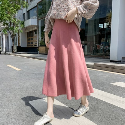 High-Rise Solid Midi A-Line Knit Skirt with Crew Neck Sweater