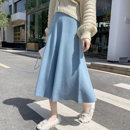 High-Rise Solid Midi A-Line Knit Skirt with Crew Neck Sweater