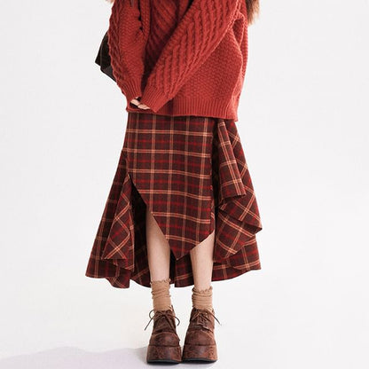 High-Rise Plaid Asymmetrical Maxi A-Line Skirt