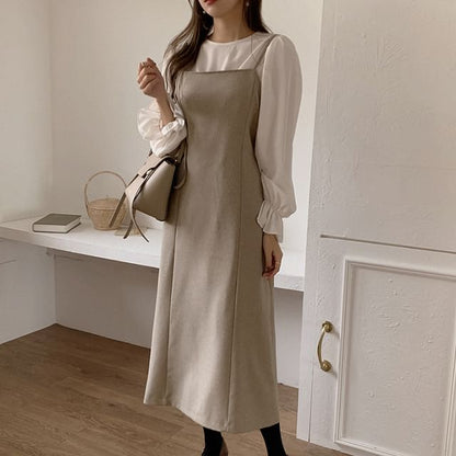 Spaghetti Strap Plain Midi Overall Dress / Long-Sleeve Crew Neck Plain Ruffle Trim Blouse