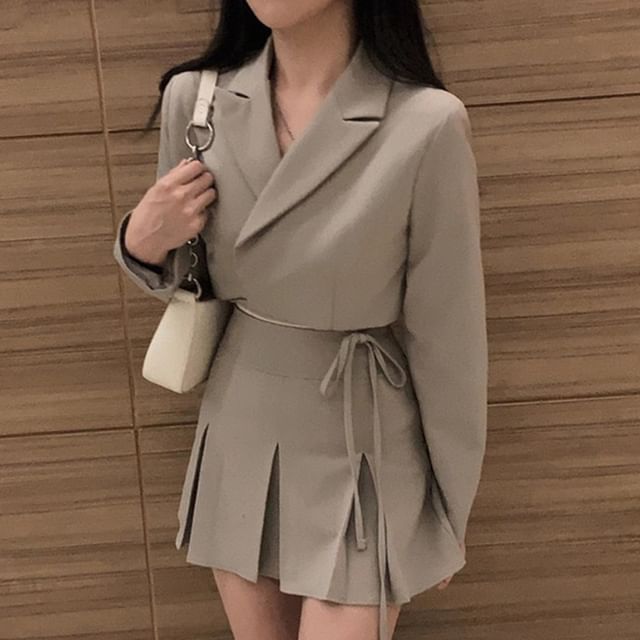Lapel Collar Solid Tie-Waist Crop Blazer with High-Rise Mini Pleated Skirt