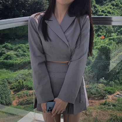 Lapel Collar Solid Tie-Waist Crop Blazer with High-Rise Mini Pleated Skirt