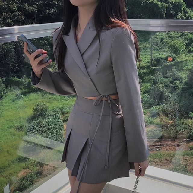 Lapel Collar Solid Tie-Waist Crop Blazer with High-Rise Mini Pleated Skirt