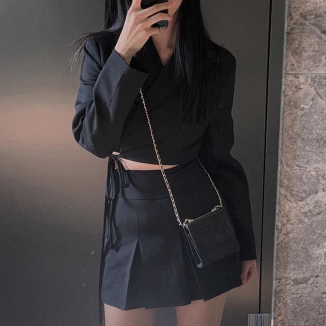 Lapel Collar Solid Tie-Waist Crop Blazer with High-Rise Mini Pleated Skirt