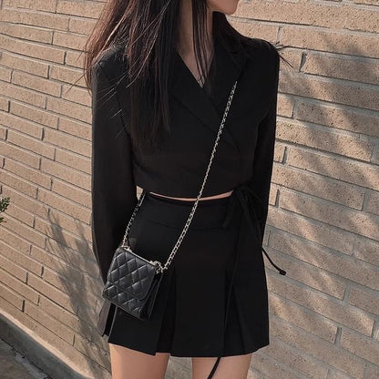 Lapel Collar Solid Tie-Waist Crop Blazer with High-Rise Mini Pleated Skirt